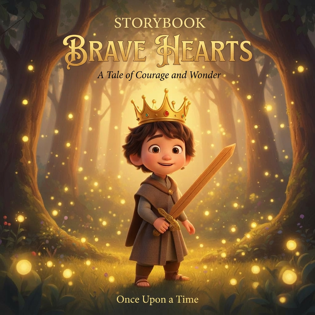 Personalised storybook cover featuring a brave young hero with a golden crown